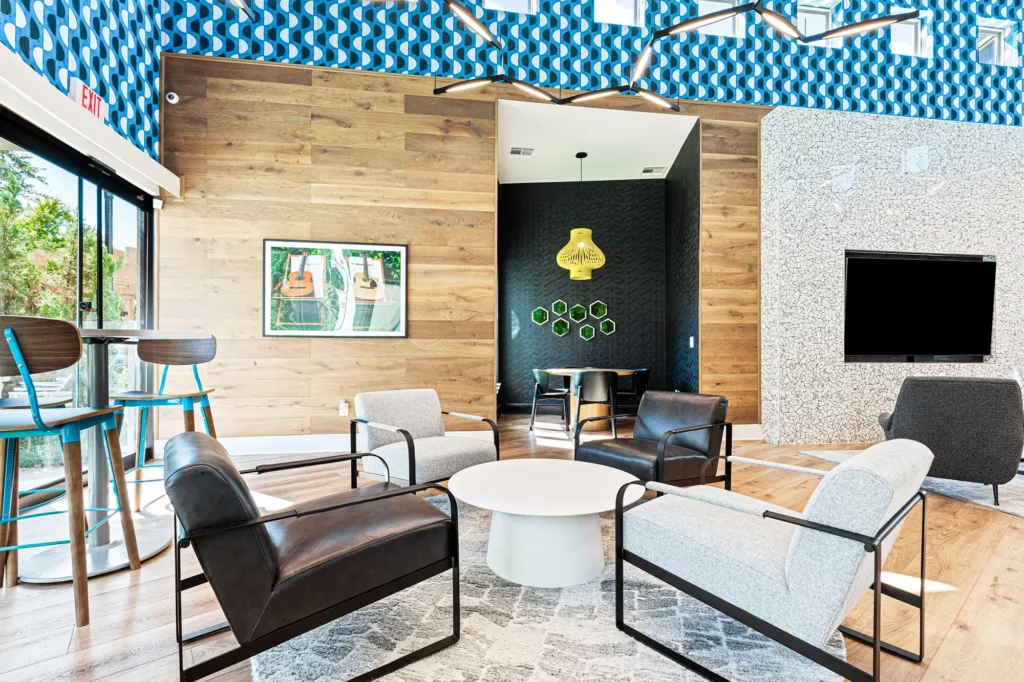 Clubhouse seating area with tables and chairs