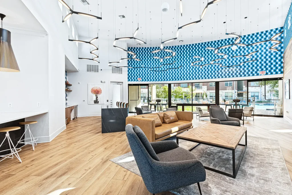 Clubhouse lounge with sofas and tables