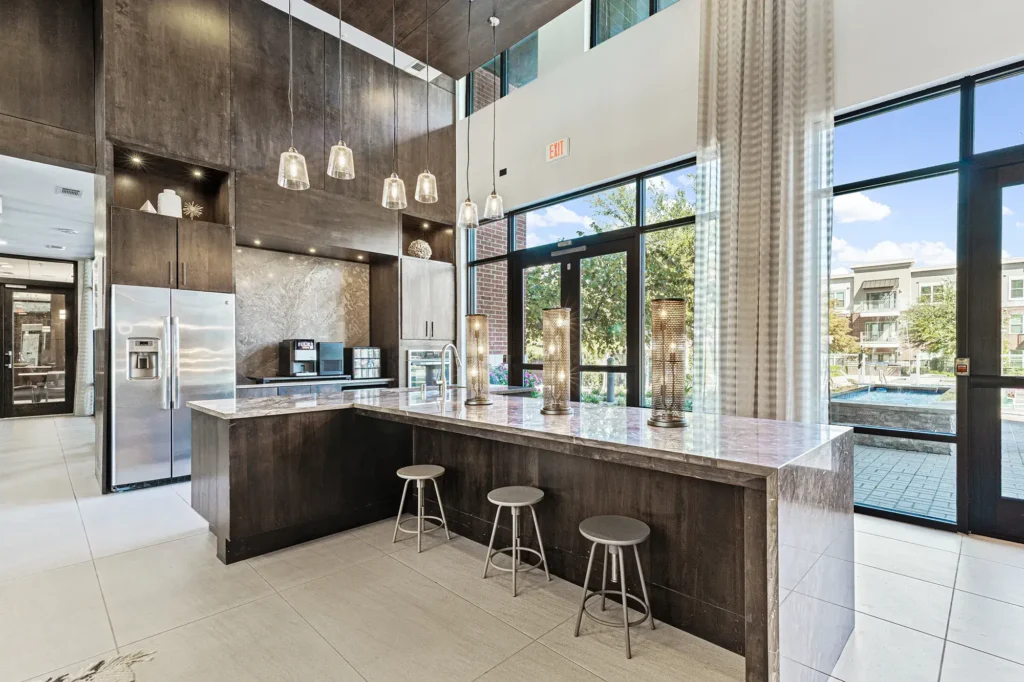 Clubhouse demonstration kitchen with bar seating
