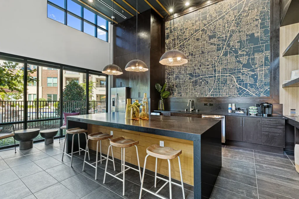 Clubhouse demonstration kitchen with bar seating