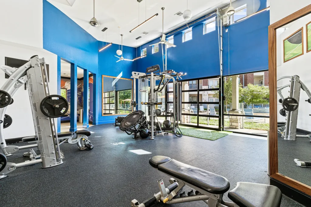 Fitness center with free weights and strength training machines