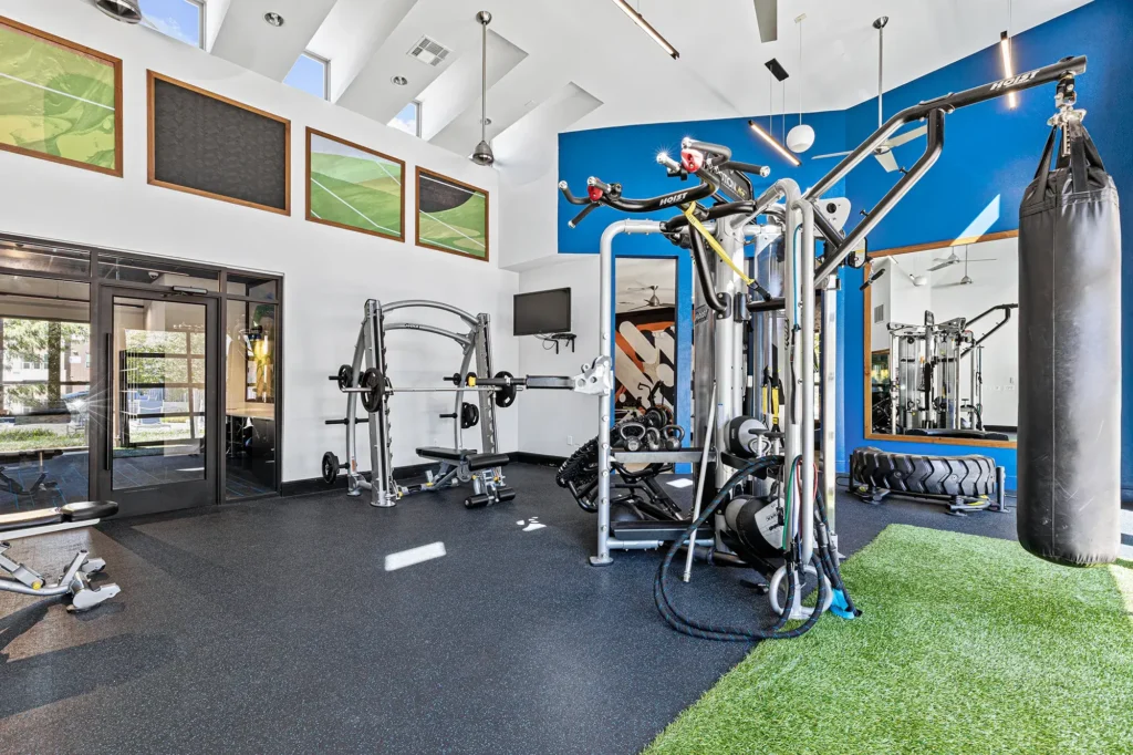 Fitness center with free weights and strength training machines