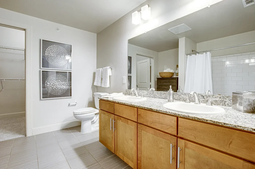 Bathroom with double vanity and walk in closet