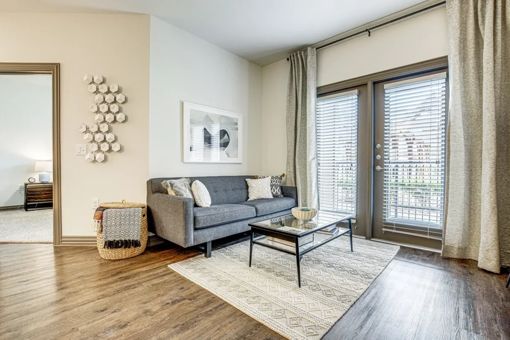 Open living room with patio doors and ceiling fan