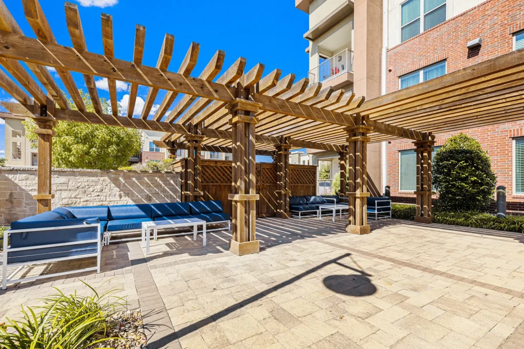 Outdoor seating area with shade canopy