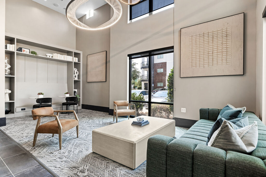 Clubhouse longue with couches and coworking space