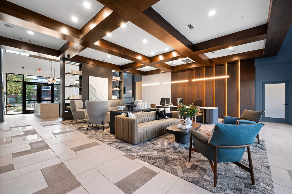 Leasing office with comfortable seating and meeting rooms