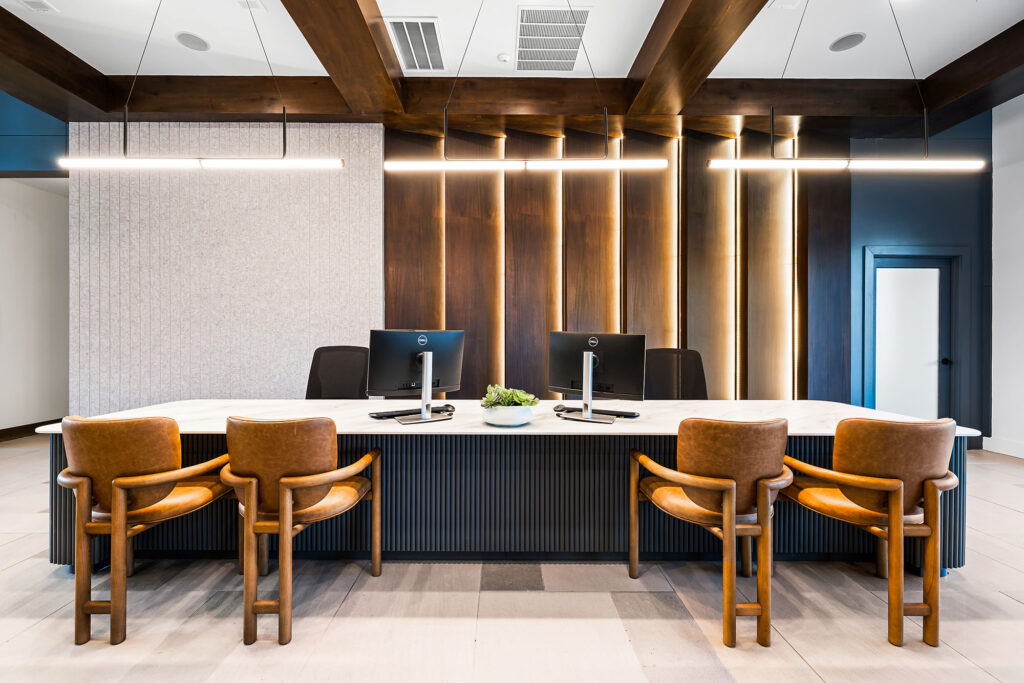 Leasing office with comfortable seating and meeting rooms